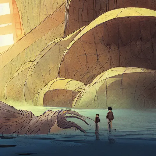 Image similar to concept art painting of cambrian life, detailed, cel shaded, in the style of makoto shinkai and moebius and james gurney