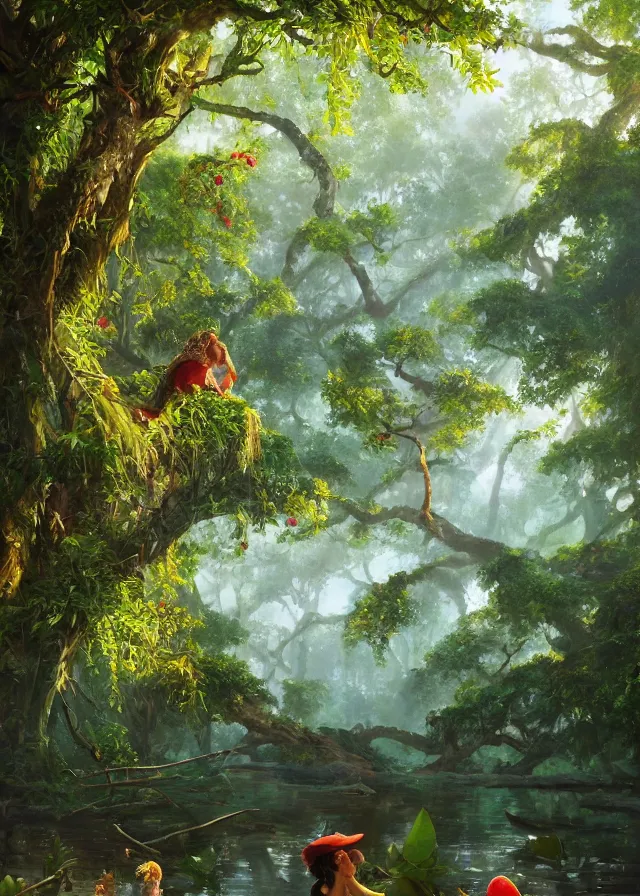 Prompt: a mangrove forest, berries, extremely detailed oil painting, unreal 5 render, rhads, sargent and leyendecker, savrasov levitan polenov, bruce pennington, studio ghibli, tim hildebrandt, digital art, landscape painting, octane render, beautiful composition, trending on artstation, award winning photograph, masterpiece