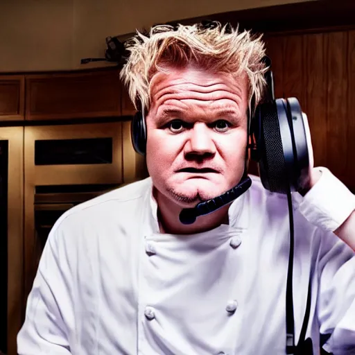 Prompt: obese Gordon Ramsey wearing a headset yelling at his monitor while playing WoW highly detailed wide angle lens 10:9 aspect ration award winning photography by David Lynch esoteric erasure head