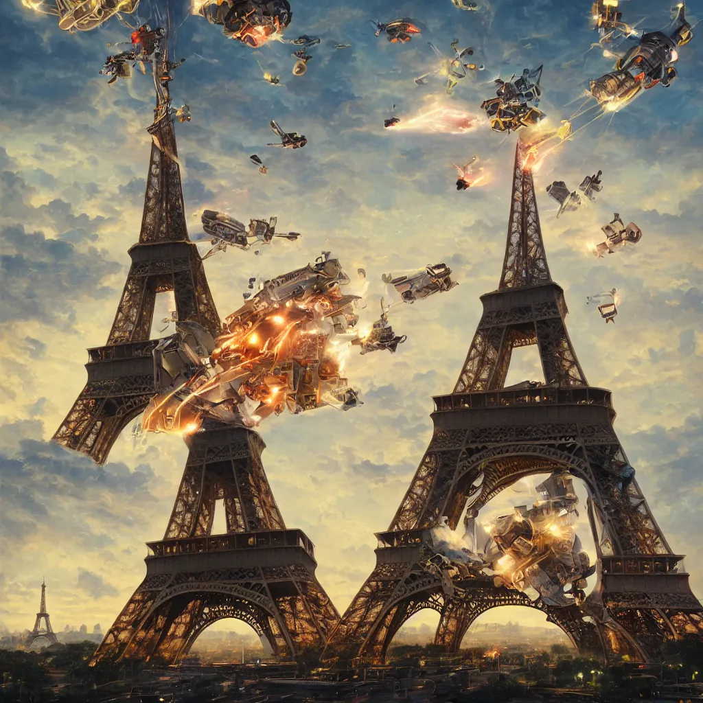 Prompt: tictac ufo crashing on the eiffel tower, hyper-realistic, Peter Mohrbacher Takayuki Takeya , dramatic cinematic lighting rendered by octane, 8k, photograph