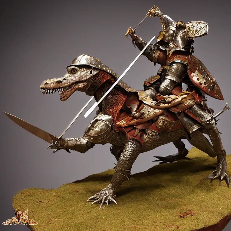 Prompt: diorama of a medieval knight riding a dinosaur, swords drawn to attack, highly detailed, award winning mini painting, studio lighting