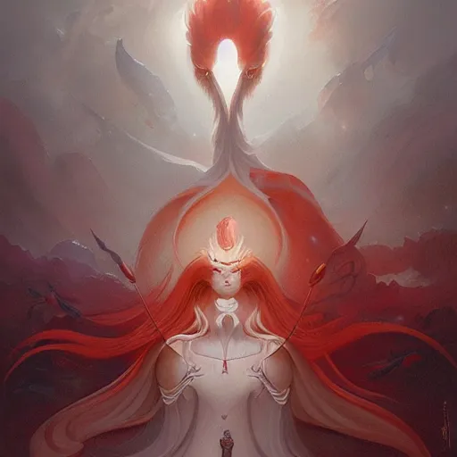 Image similar to prompt A beautiful portrait of a white red orange kumiho, backlit, concept art, matte painting, by Peter Mohrbacher