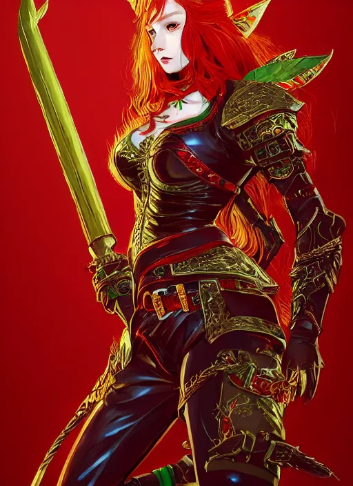 Image similar to Full body portrait of a handsome young red haired elven princess warrior wearing red, green and gold ornate leather jacket, golden tiara and an axe. In style of Yoji Shinkawa and Hyung-tae Kim, trending on ArtStation, dark fantasy, great composition, concept art, highly detailed.