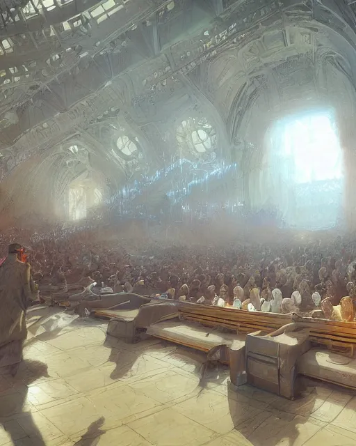 Image similar to craig mullins and moebius digital matte art of a crowd in a futuristic church, priest, pews, ethereal, inviting, bright, unreal engine, hyper realism, realistic shading, cinematic composition, realistic render, octane render, detailed textures, photorealistic, wide shot