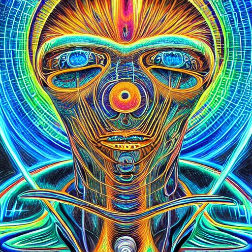 Prompt: a DMT trip about discovering the Theory of Everything, drawn by Alex Grey, highly detailed and colored, trending on artstation