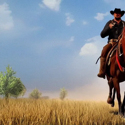 Image similar to a cowboy in the style of red dead redemption, steven seagal, donald trump, glory days, patriotism