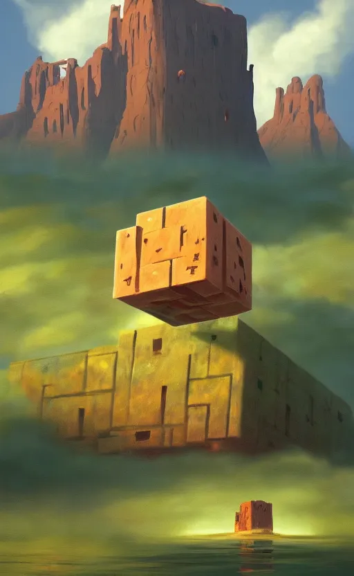 Prompt: hyperrealist painting of a giant flying cube from howl's moving castle ( 2 0 0 4 ) in a flooded monument valley stonehenge jungle. 1 9 7 0 s science fiction, moody, misty, depth perception, 4 k, artstation, in the style of studio ghibli