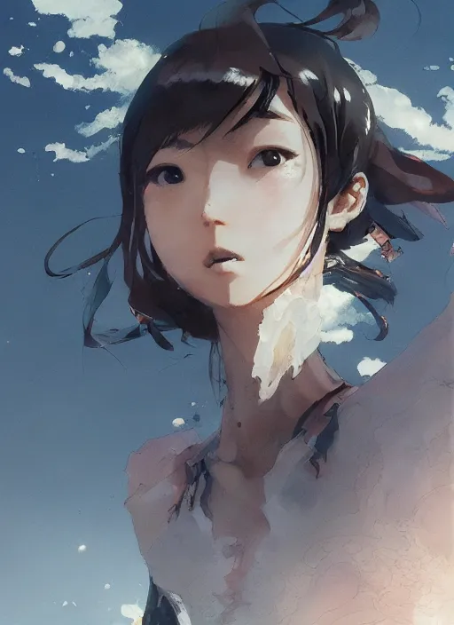 Prompt: yukiko okada looking to the skies, cinematic lighting, dramatic atmosphere, artwork by dustin nguyen, akihiko yoshida, greg tocchini, greg rutkowski, cliff chiang, 4 k resolution, trending on artstation,