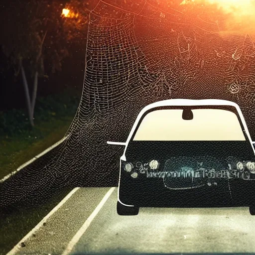 Prompt: a car on road little bit covered with spiders in a dark night