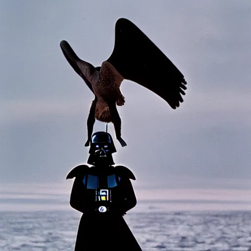 Prompt: a canada goose standing on darth Vader's shoulders in the death stat