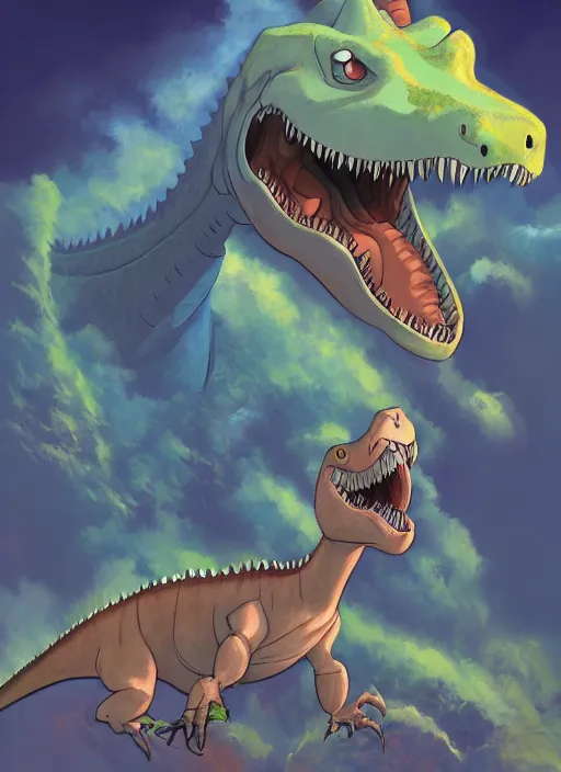 Prompt: official digital painting artwork of dinosaur character by don bluth, ross tran and studio ghibli.