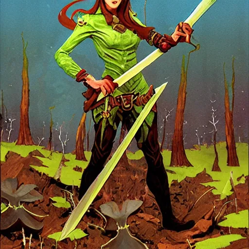 Image similar to moonshine cybin, epic level dnd wood elf spore druidess, wielding a magical sword, wearing magical overalls. covered in various fungi. full character concept art, realistic, high detail digital gouache painting by angus mcbride and michael whelan and jeffrey jones