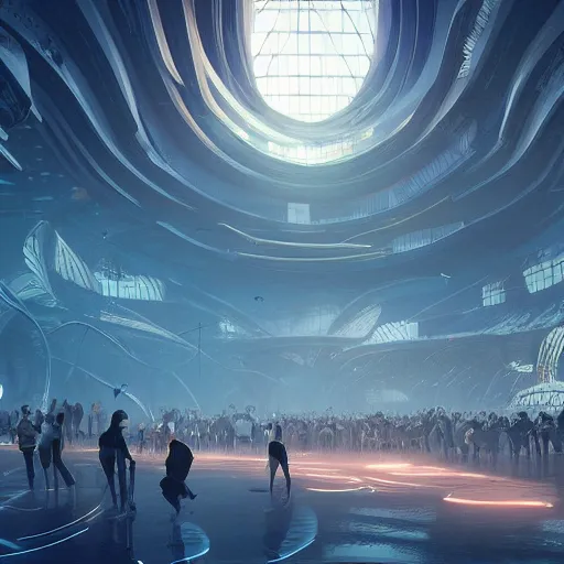 Prompt: futuristic hall with a lot of people, crisp, artstation, luxury, beautiful, dim painterly volumetric aquatic sunset lighting, 3 d concept art