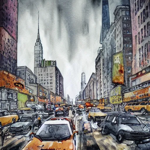 Image similar to post apocalyptic new york city. watercolor. highly detiled. spooky atmosphere.