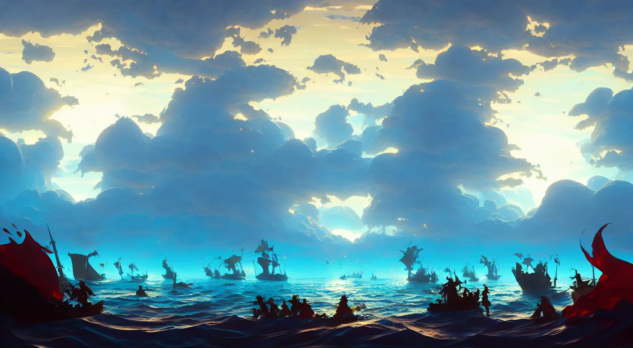 Prompt: concept art of a medieval battles in the sea, volumetric lighting, digital pixel art, pixiv, official fanart behance hd by Jesper Ejsing, by RHADS, Makoto Shinkai and Lois van baarle, ilya kuvshinov, rossdraws global illumination