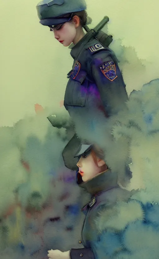 Image similar to female in police uniform. intricate, amazing composition, colorful watercolor, by ruan jia, by maxfield parrish, by marc simonetti, by hikari shimoda, by robert hubert, by zhang kechun, illustration, gloomy, volumetric lighting, fantasy