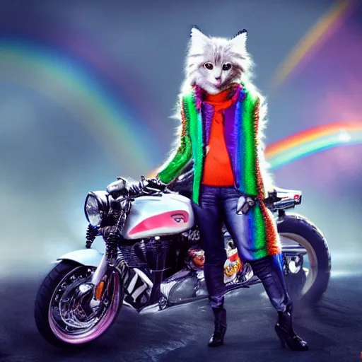 Image similar to wide angle full body, jacket wearing fluffy cute rainbow kitten wearing a black leather motorcycle jacket, cinematic concept art