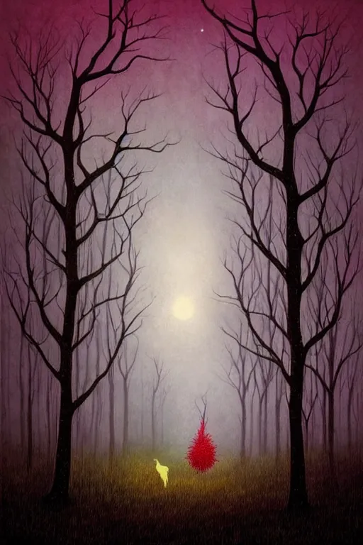 Image similar to surreal, fantasy, fairytale animals, haunted woods in silhouettes, by andy kehoe