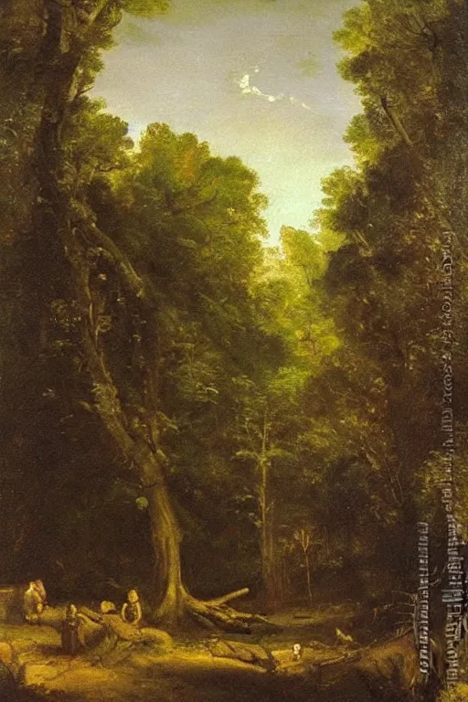 Prompt: a beautiful oil painting a dense forest at night by Bartolomé Esteban Murillo