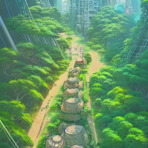 Prompt: a beautiful painting of post-apocalyptic Singapore overrun by vegetation. Studio Ghibli, aerial photography, wide angle lens, trending on artstation, trending on behance