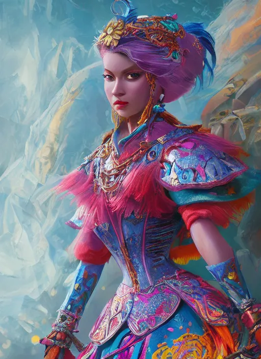 Prompt: detailed concept art illustration oil painting of a Disney warrior princess in full intricate colorful clothing, ultra detailed, digital art, octane render, 4k