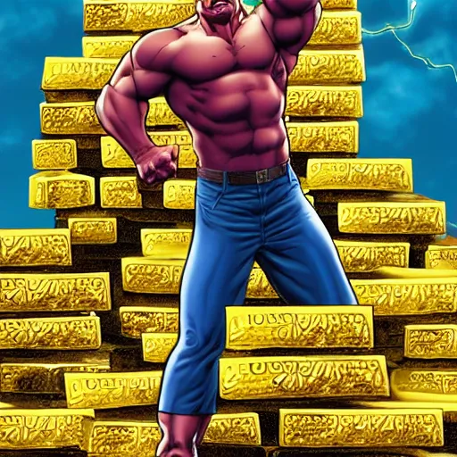 Prompt: hulk standing on top of a pile of gold bars, ultra detailed, hdr, 8 k, joe jusko