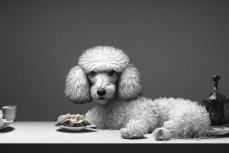 Image similar to portrait of a poodle, eating pho soup, beautiful detailed intricate insanely detailed octane render, 8k artistic photography, photorealistic, chiaroscuro, by David Cronenberg, Raphael, Caravaggio