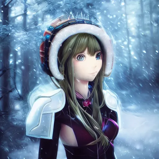 Image similar to portrait focus of knight beautiful 3D anime girl, marshmallow armor wearing, dark forest background, snowing, bokeh, inspired by Masami Kurumada, digital painting, high contrast, unreal engine render, volumetric lighting, high détail