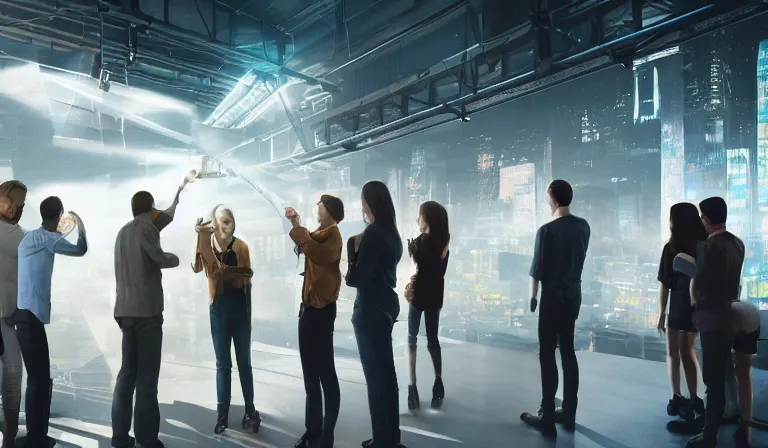 Prompt: group of people in simple warehouse, looking at hologram of futuristic metropolis on a table, cinematic concept art, godrays, golden hour, natural sunlight, 4 k, clear details, tabletop model buildings, center model buildings, hologram center, crane shot, crane shot, crane shot