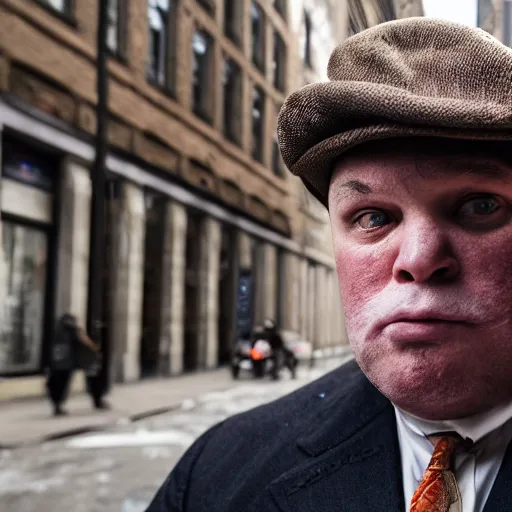 Prompt: closeup portrait of obese peaky blinders in a new york street, by Steve McCurry and David Lazar, natural light, detailed face, CANON Eos C300, ƒ1.8, 35mm, 8K, medium-format print