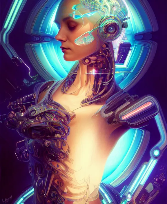 Image similar to a whirlwind of souls rushing inside the metaverse, hologram, half body, neurochip, shaved temple, piercing, jewelry, android, cyborg, cyberpunk face, by loish, d & d, fantasy, intricate, elegant, highly detailed, colorful, digital painting, artstation, concept art, art by artgerm and greg rutkowski and alphonse mucha