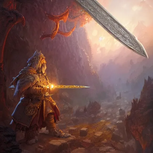 Prompt: fantasy enchanted sword, by justin gerard and greg rutkowski, digital art, realistic painting, fantasy, dnd, very detailed, high definition, trending on artstation