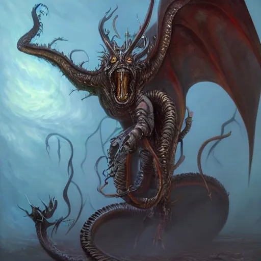 Prompt: eldritch abomination, oil painting, cinematic, intricate complexity, rule of thirds, in the style of Adam Paquette, Svetlin Velinov, Daarken, Artgerm, Keith Thompson, and Eric Deschamps, face by Artgerm and WLOP, magic the gathering art, dragon character concept