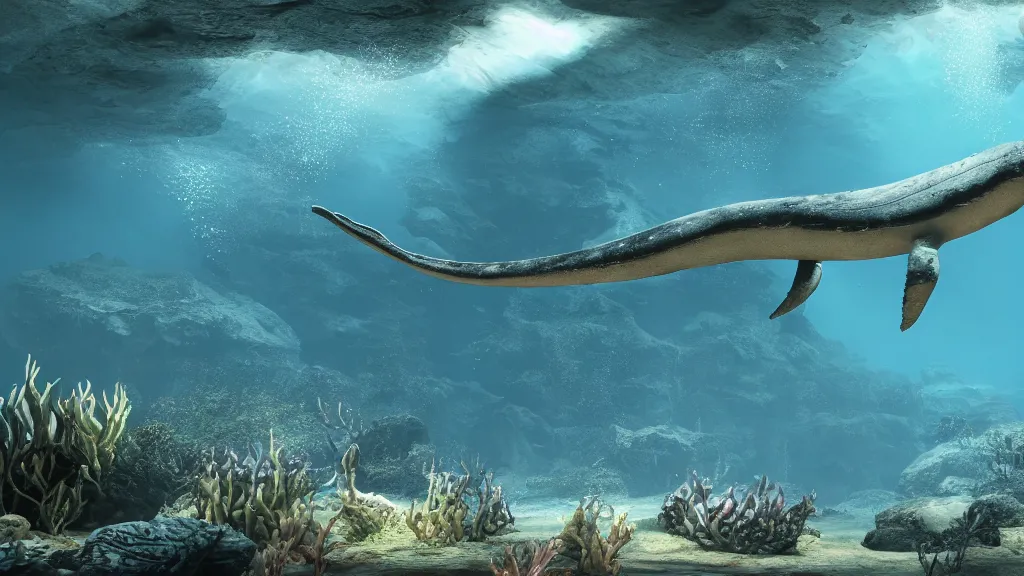 Prompt: underwater photo of a plesiosaur, murky water, hyperrealistic, Cryengine 8k UHD