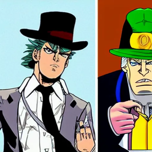 Image similar to Donald trump as jotaro kujo in jojo’s bizarre adventure, his stand is Obama as Star platinum, manga page