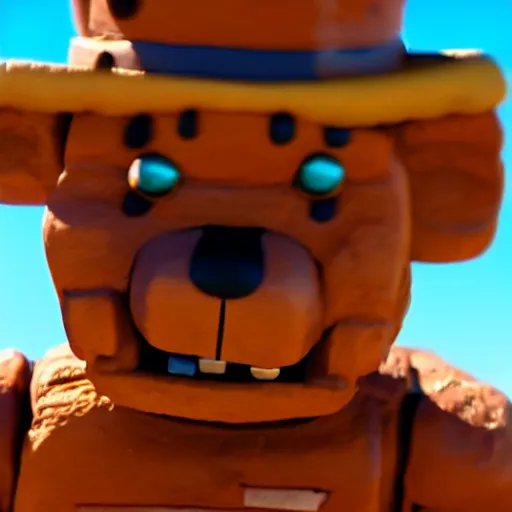 Image similar to Closeup of Freddy Fazbear in the Sahara desert, award winning Tarantino movie still, 35 mm, cinematic