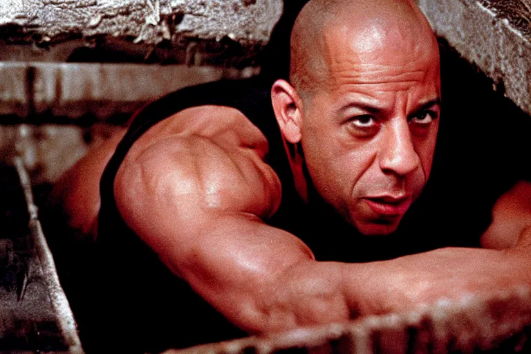 Image similar to film still of Vin Diesel as John McClane crawling through ventilation shaft in Die Hard 1988