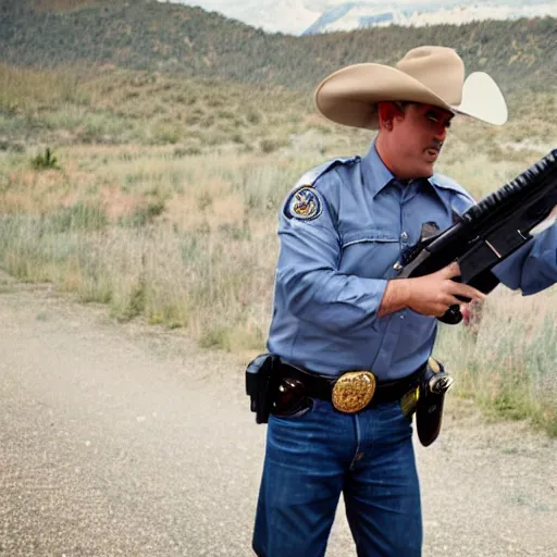 Prompt: cop with cowboy head shooting in direction of the camera, cool style, super high quality