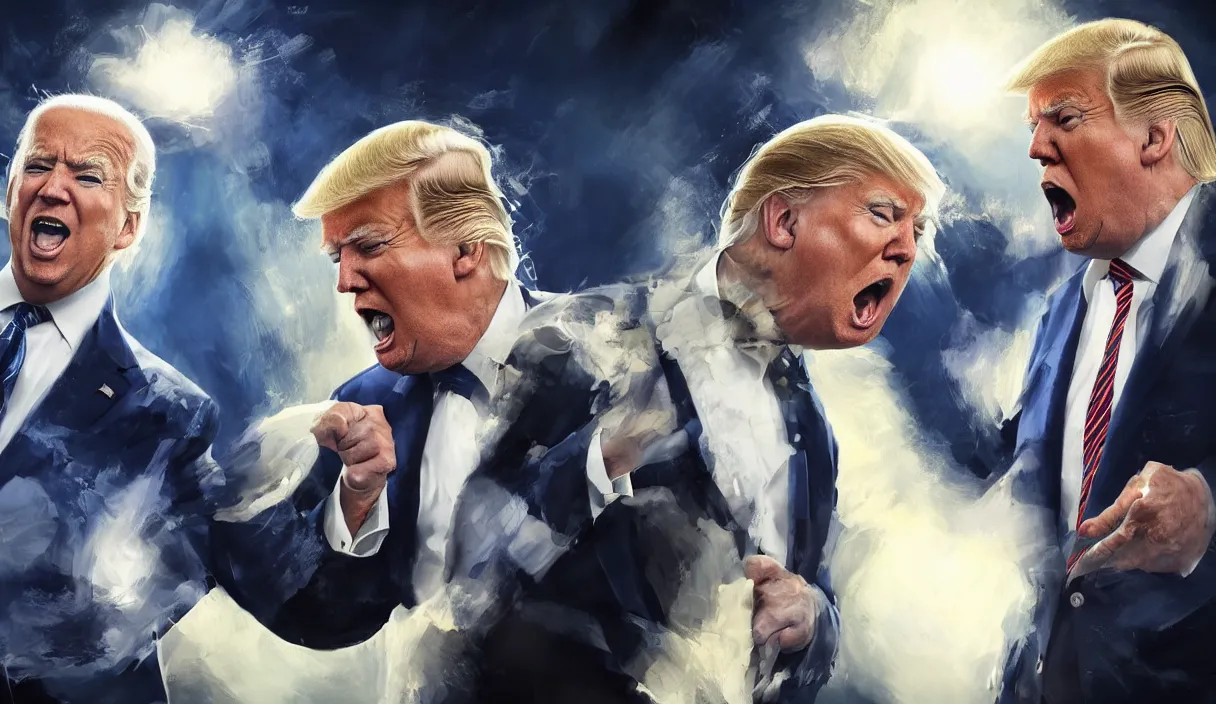 Prompt: a beautiful painting of donald trump and joe biden in a fist fight, cinematic angle, studio lighting, movie concept, trending on artstation, octane render, 8 k, ultra high detail