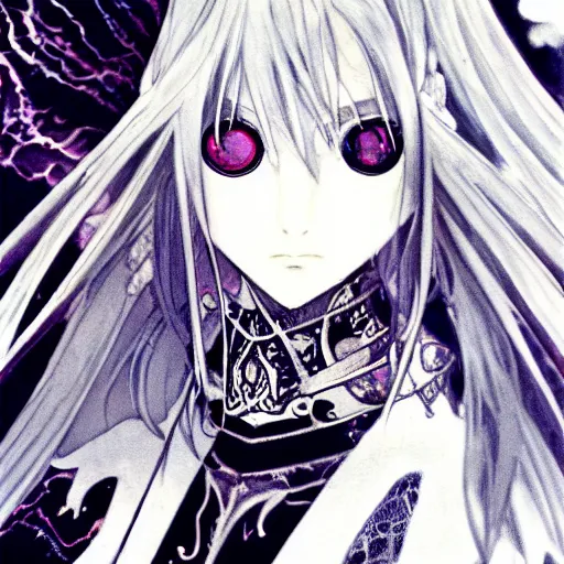 Image similar to yoshitaka amano blurred and dreamy illustration of an anime girl with an eyepatch, wavy white hair and cracks on her face wearing elden ring armour with the cape fluttering in the wind, abstract black and white patterns on the background, noisy film grain effect, highly detailed, renaissance oil painting, weird portrait angle
