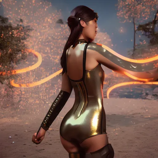 Image similar to arcade female fighter, wearing metallic swimsuit, cyborg, mechanical, fight scene, unreal engine, game character, digital art, octane render, photorealistic intricate detailed