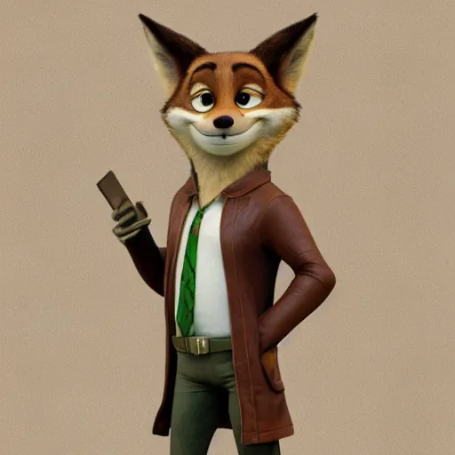 Image similar to portrait, 3 d render, anthropomorphic coyote male, wearing along brown leather maxi coat, in the style of zootopia