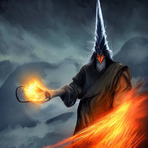 Image similar to Gandalf playing tennis with Sauron in front of Mount Doom. Sauron is wearing his full body armor. Digital Art, lava, dark, dramatic lighting