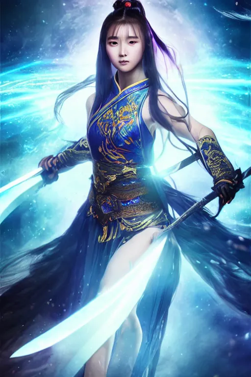 Prompt: beautiful cinematic fantasy poster, wuxia sword dance heroine, beautiful glowing galaxy eyes, hybrid from Dynasty Warriror and art direction by tian zi and WLOP and Darius Zawadzki cinematic quality character render; low angle; ultra high quality model; production quality cinema model;