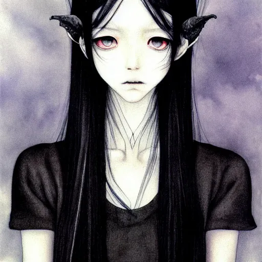 Image similar to a portrait of a character, black hair, dark eyes, dark, gothic, by Miho Hirano, trending on pixv