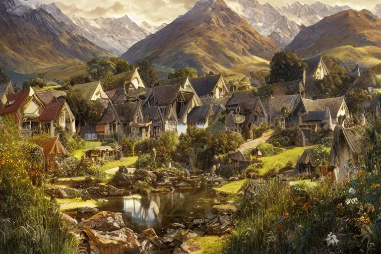 Image similar to a lord of the rings village in large new zealand landscape, shiny colors, high - key lighting, beautiful composition, intricate, elegant, pro photography by, highly detailed, art by artgerm and greg rutkowski and alphonse mucha