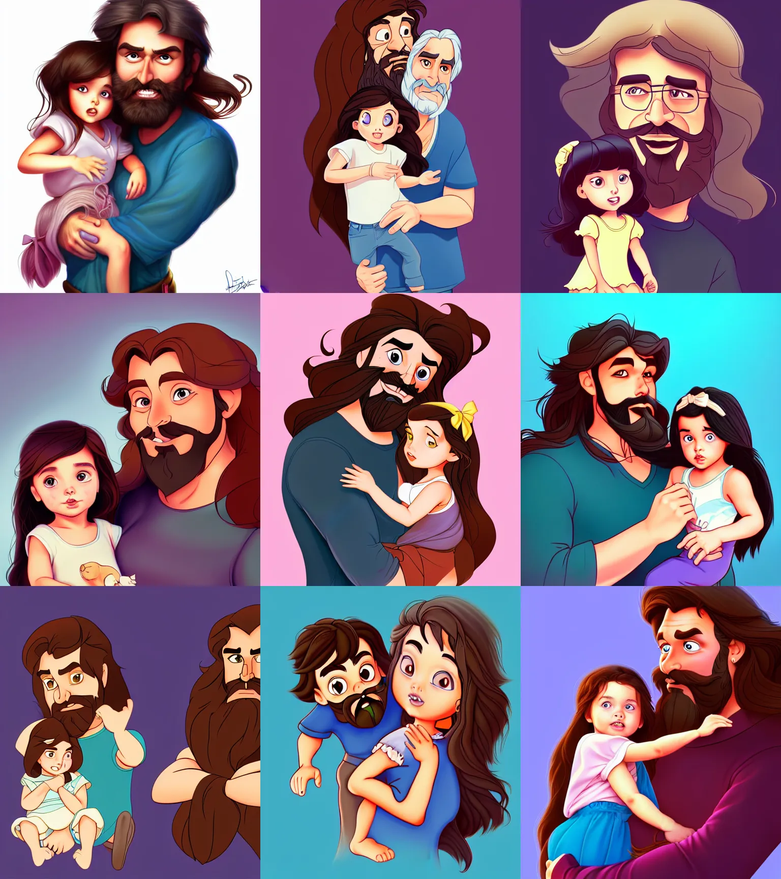 Image similar to a long - haired bearded father and his brunette child toddler girl full color digital illustration in the style of don bluth, artgerm, artstation trending, 4 k