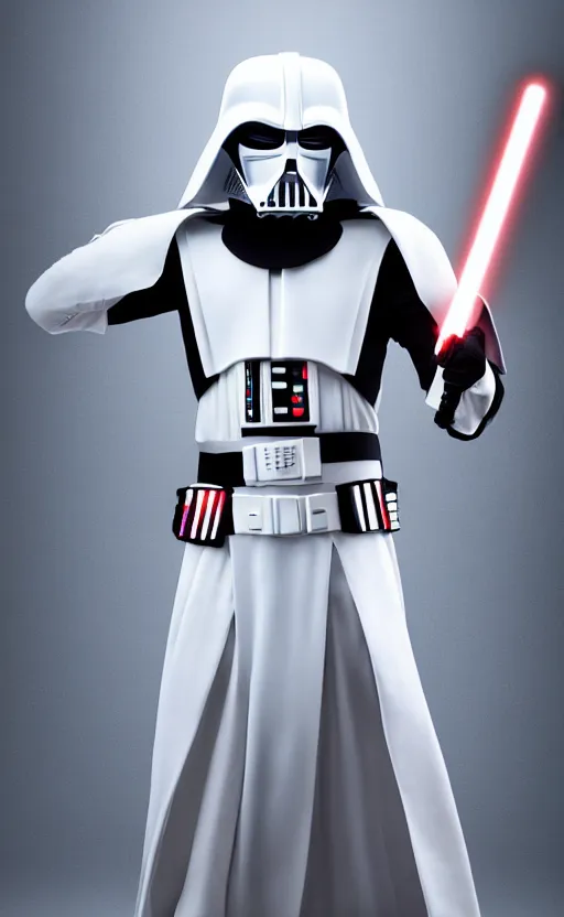 Image similar to White Darth Vader suit, black room, soft light, white lightsaber, movie accurate, 4k,