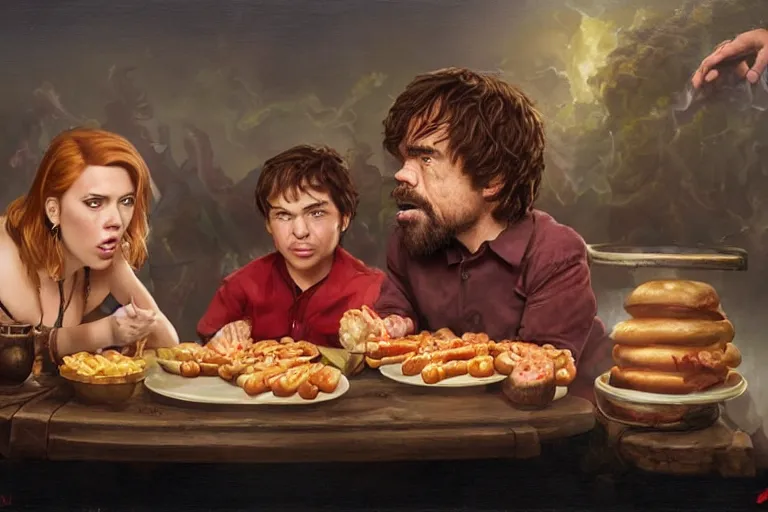 Image similar to portrait of peter dinklage sharing hotdogs with scarlett johansson, an oil painting by ross tran and thomas kincade