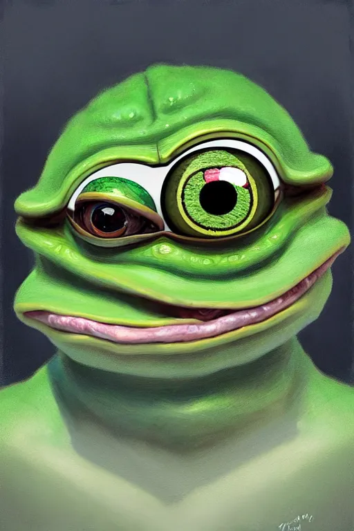 Prompt: portrait of a one - eyed pepe! the frog! drinking coffee in the style of fenghua zhong and ruan jia and jeremy lipking and peter mohrbacher, extremely detailed digital painting, 8 k, natural lighting